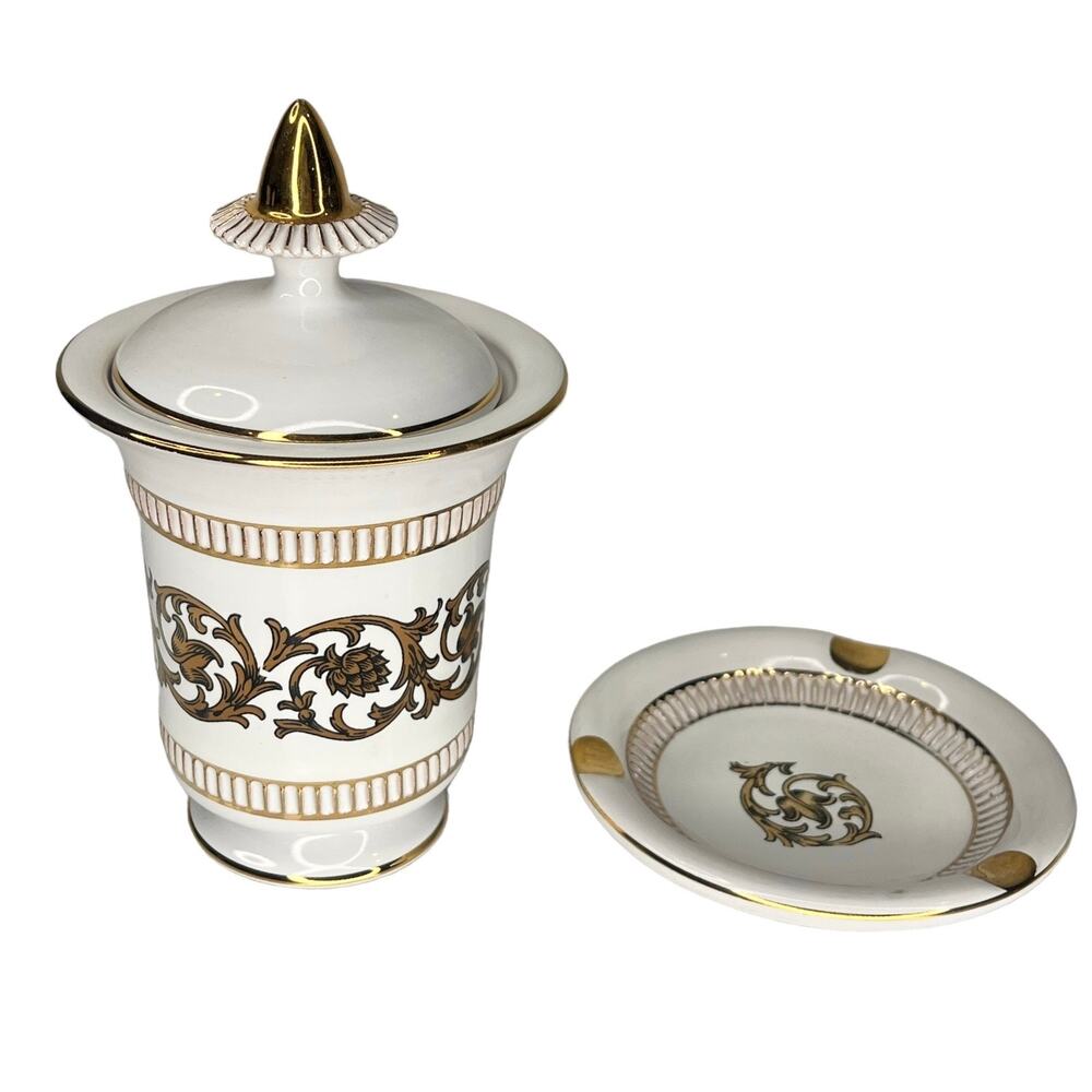 Florentine Italy Cigarette Canister Ashtray & Lid Set Gold Porcelain Ceramic Vtg
